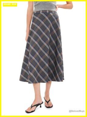 Women's Plaid Circle Midi Skirt High Rise Flared Work Skirt Stretch